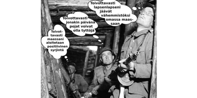 Sotilaiden ajatukset juoksuhaudassa, korsussa